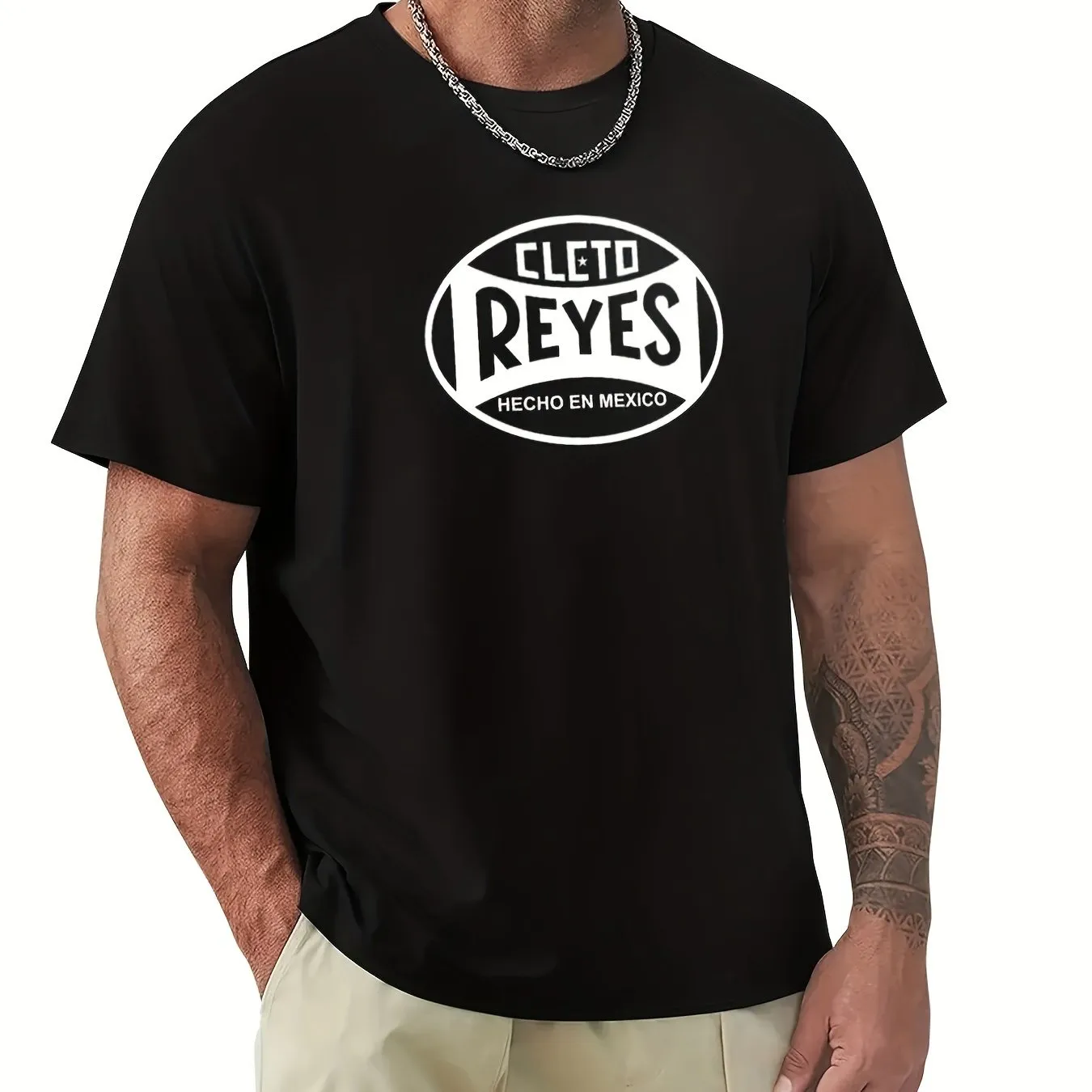1pc Cleto Reyes Graphic Tee, Men'S Casual Cotton T-Shirt with Geometric Print, Round Neck, Short Sleeves, Regular Fit, Digital Heat Press Design, All Seasons - Black