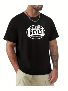 1pc Cleto Reyes Graphic Tee, Men'S Casual Cotton T-Shirt with Geometric Print, Round Neck, Short Sleeves, Regular Fit, Digital Heat Press Design, All Seasons - Black