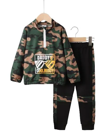 4-6Y Toddler Boys Fall Winter Clothes Kid Boys Pants Sets Letter Graphics Camouflage Print Trousers 2Pcs Casual Clothing Green Catpapa 462311004