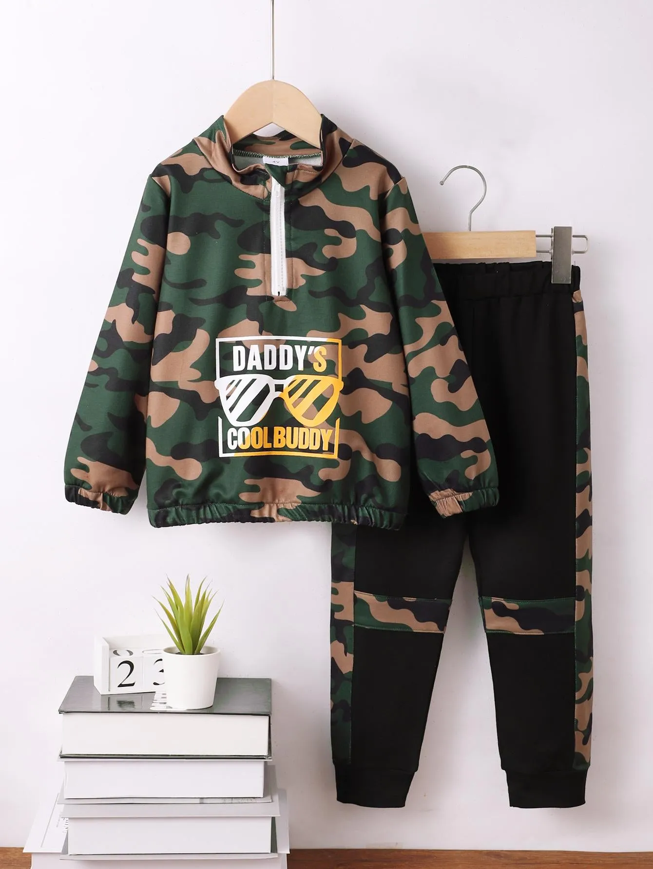 4-6Y Toddler Boys Fall Winter Clothes Kid Boys Pants Sets Letter Graphics Camouflage Print Trousers 2Pcs Casual Clothing Green Catpapa 462311004
