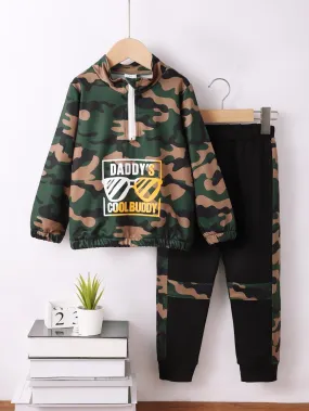4-6Y Toddler Boys Fall Winter Clothes Kid Boys Pants Sets Letter Graphics Camouflage Print Trousers 2Pcs Casual Clothing Green Catpapa 462311004