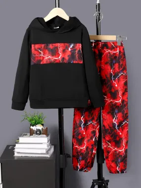 7-15Y Ready Stock 7-15y Big Boys Clothes Lightning Print Splice Fall Winter Hoodies Elastic Pants 2PCS Outfits Sets Black Catpapa 462308002