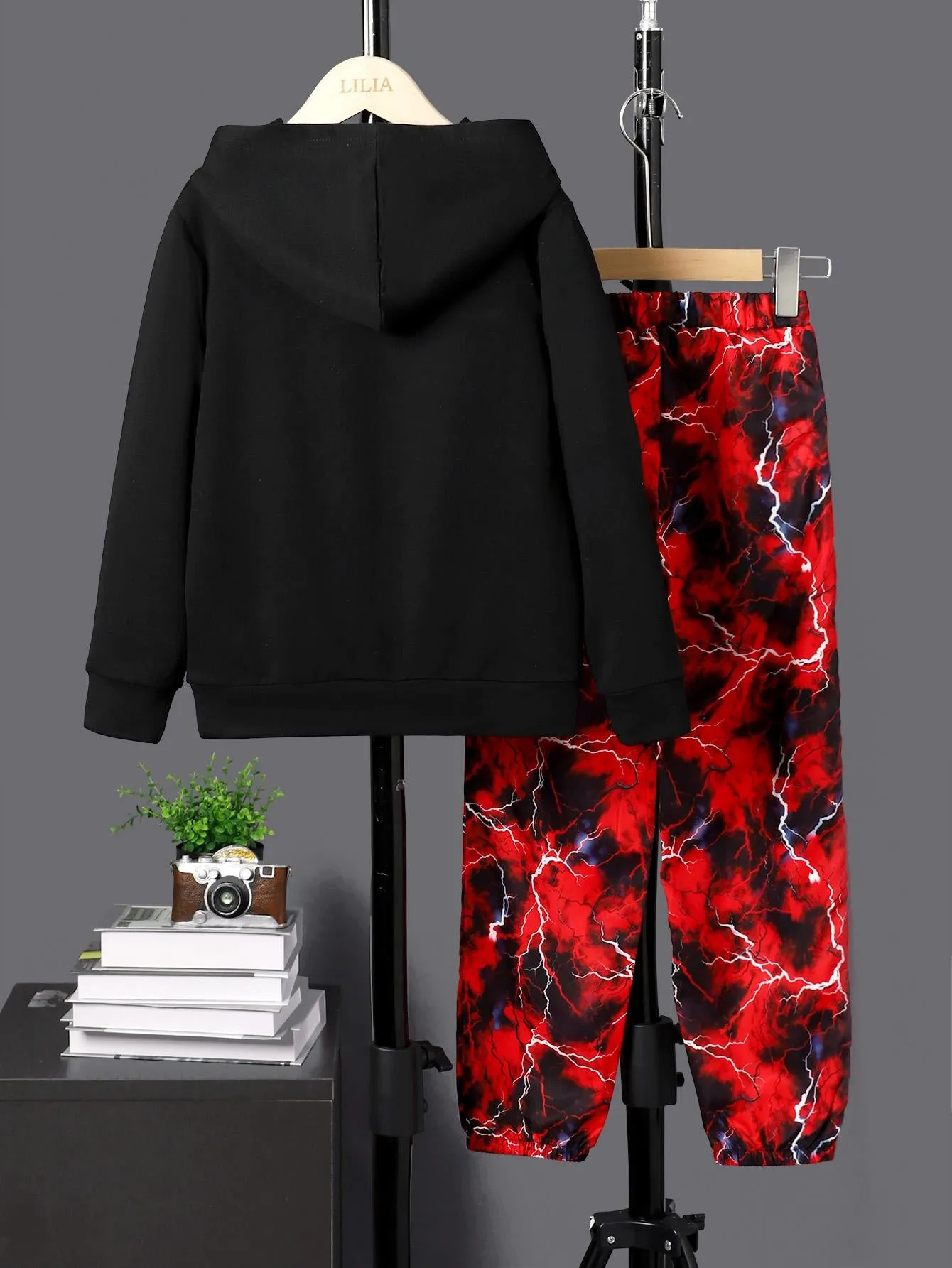 7-15Y Ready Stock 7-15y Big Boys Clothes Lightning Print Splice Fall Winter Hoodies Elastic Pants 2PCS Outfits Sets Black Catpapa 462308002