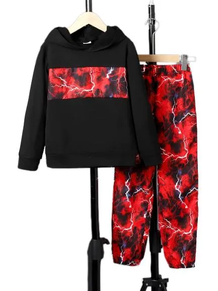 7-15Y Ready Stock 7-15y Big Boys Clothes Lightning Print Splice Fall Winter Hoodies Elastic Pants 2PCS Outfits Sets Black Catpapa 462308002