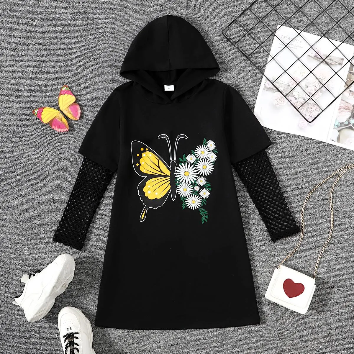 8-14Y Kid Girls Dress Butterfly Daisy Print Grid Hollow Out Long Sleeve Hoodies Dress One Piece Casual Dress 8-14Y Black Catpapa 462308031
