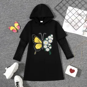 8-14Y Kid Girls Dress Butterfly Daisy Print Grid Hollow Out Long Sleeve Hoodies Dress One Piece Casual Dress 8-14Y Black Catpapa 462308031