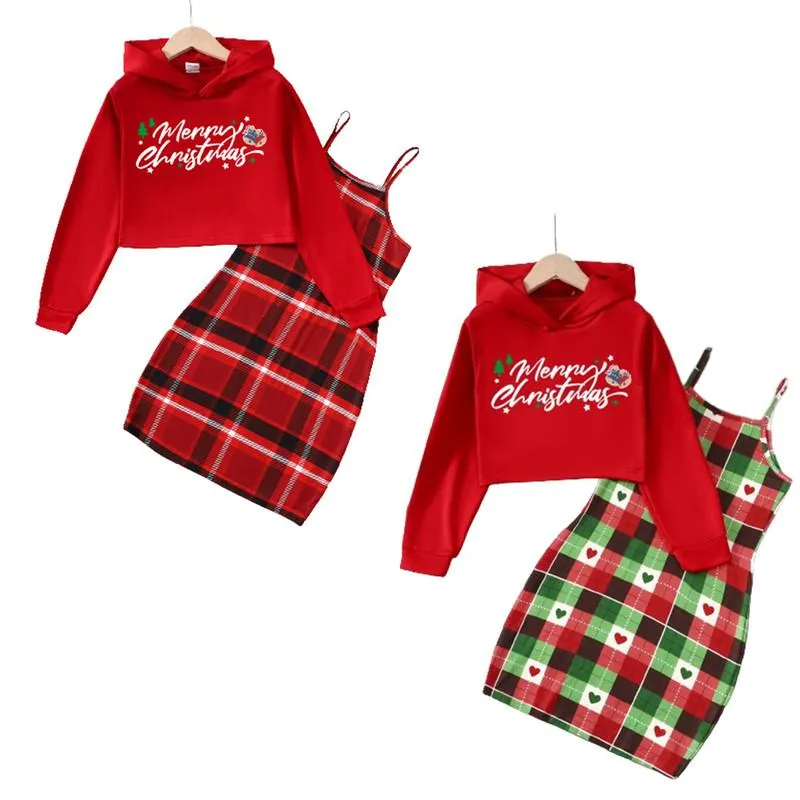 8-14Y  Kids Girls Christmas Outfits Straps Plaid Print Dress Long Sleeve Sweater Hoodies 2Pcs Nice Apparel Clothes Set Red Catpapa 462307023