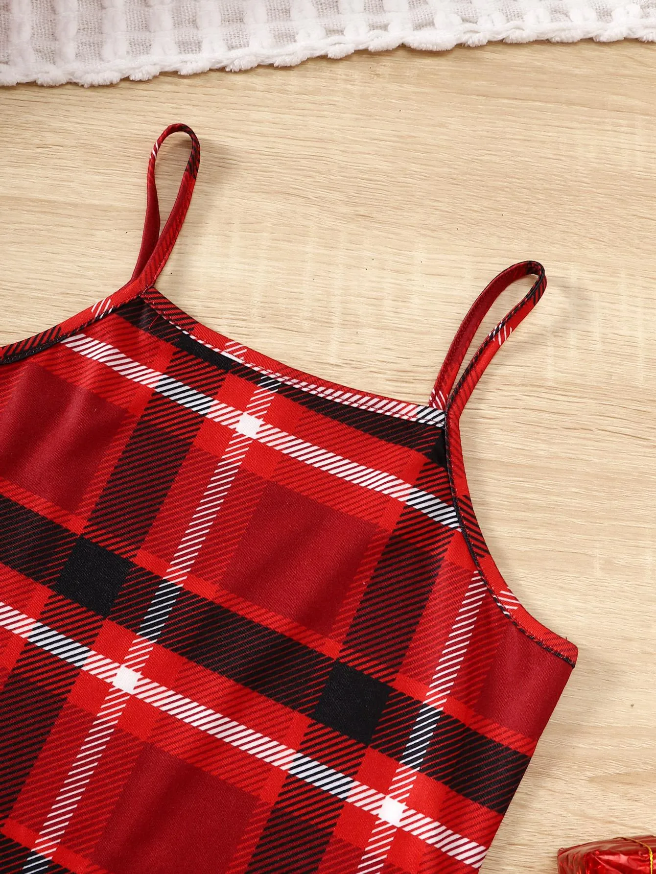 8-14Y  Kids Girls Christmas Outfits Straps Plaid Print Dress Long Sleeve Sweater Hoodies 2Pcs Nice Apparel Clothes Set Red Catpapa 462307023